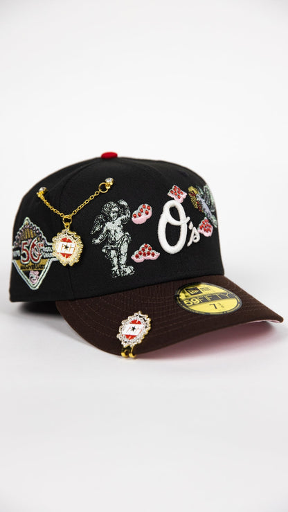 NEW ERA EXCLUSIVE 59FIFTY BLACK/ BROWN BALTIMORE ORIOLES "CITY OF ANGELS" W/ 50TH ANNIVERSARY SIDE PATCH