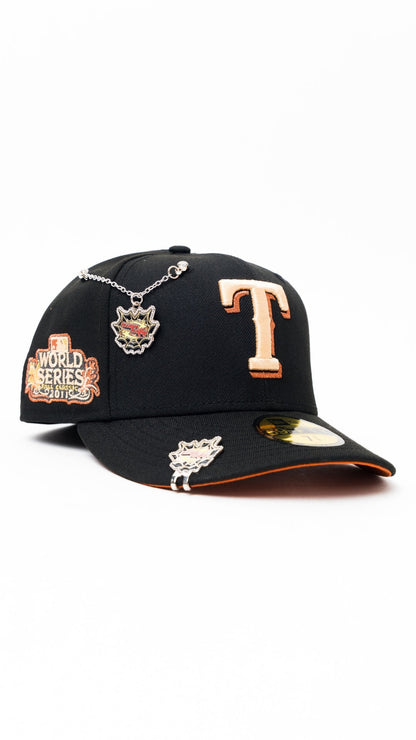 NEW ERA EXCLUSIVE 59FIFTY BLACK TEXAS RANGERS W/ 2011 WORLD SERIES SIDE PATCH