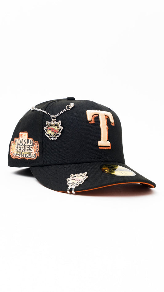 NEW ERA EXCLUSIVE 59FIFTY BLACK TEXAS RANGERS W/ 2011 WORLD SERIES SIDE PATCH