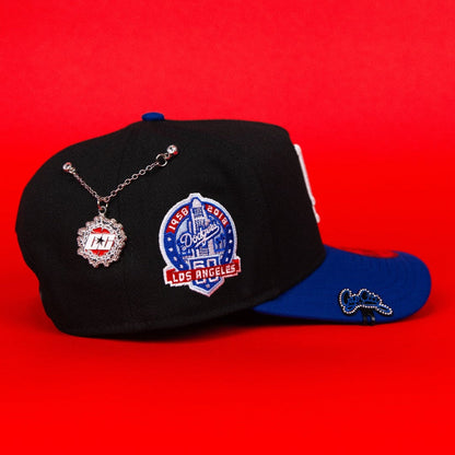 NEW ERA 9FIFTY A-FRAME BLACK/ BLUE LOS ANGELES DODGERS SNAPBACK W/ BLUE HEART + 60TH ANNIVERSARY SIDE PATCH