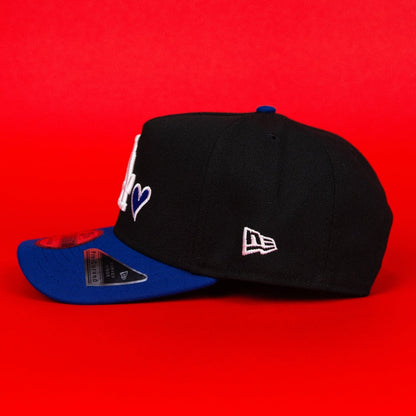 NEW ERA 9FIFTY A-FRAME BLACK/ BLUE LOS ANGELES DODGERS SNAPBACK W/ BLUE HEART + 60TH ANNIVERSARY SIDE PATCH