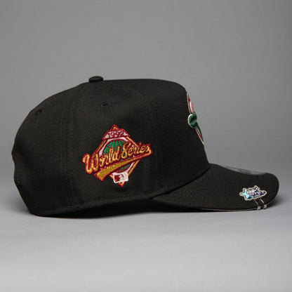 NEW ERA 9FIFTY A-FRAME BLACK TORONTO BLUE JAYS SNAPBACK W/ FLORAL EMBROIDERY + WORLD SERIES SIDE PATCH