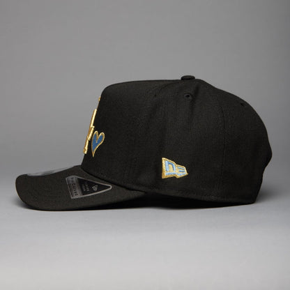 NEW ERA 9FIFTY A-FRAME BLACK LOS ANGELES DODGERS SNAPBACK W/ HEART + 50TH ANNIVERSARY SIDE PATCH
