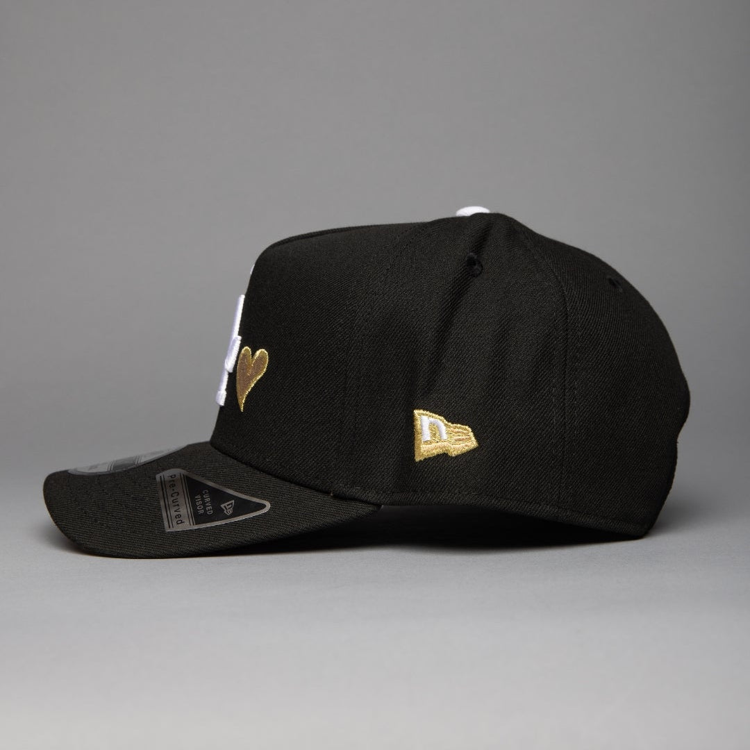 NEW ERA 9FIFTY A-FRAME BLACK LOS ANGELES DODGERS SNAPBACK W/ HEART + 100TH ANNIVERSARY SIDE PATCH
