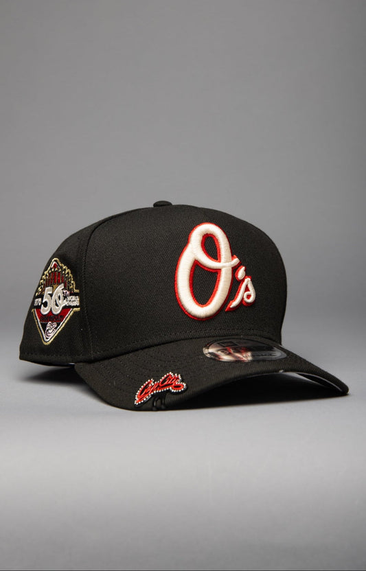 NEW ERA 9FIFTY A-FRAME BLACK BALTIMORE ORIOLES SNAPBACK W/ 50TH ANNIVERSARY SIDE PATCH