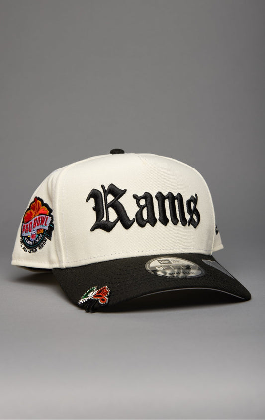 NEW ERA 9FIFTY A-FRAME CHROME/BLACK LOS ANGELES RAMS SCRIPT SNAPBACK W/ PRO BOWL SIDE PATCH