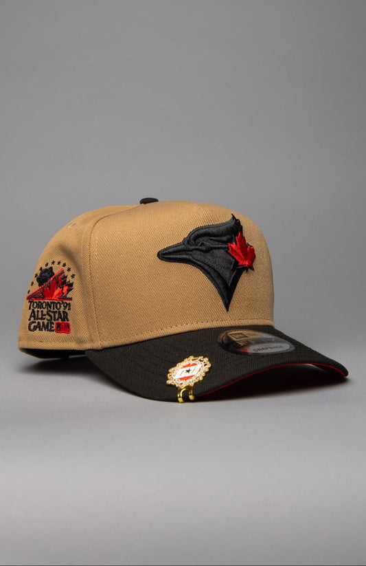 NEW ERA 9FIFTY A-FRAME KHAKI/BLACK TORONTO BLUE JAYS SNAPBACK W/ 1991 ALL STAR GAME SIDE PATCH