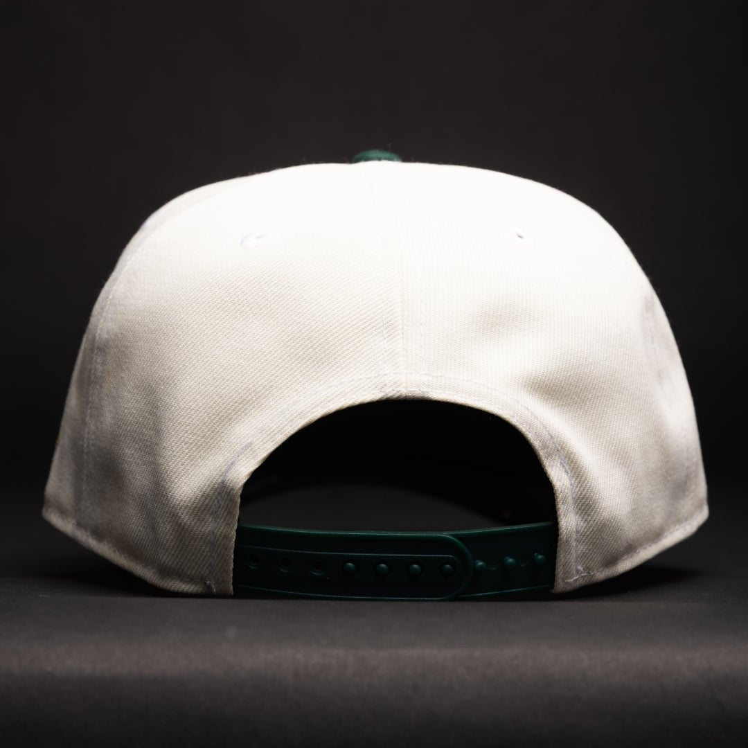 NEW ERA 9FIFTY A-FRAME CHROME/FOREST GREEN LOS ANGELES DODGERS SNAPBACK W/ WORLD SERIES CHAMPIONS SIDE PATCH