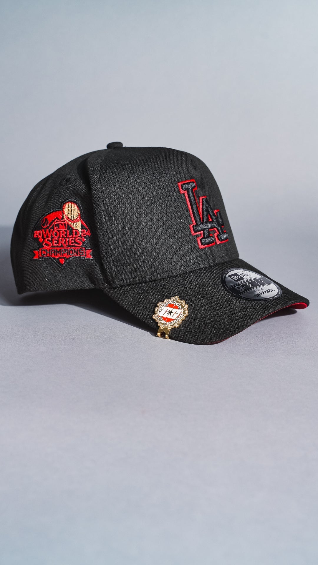 NEW ERA 9FIFTY A-FRAME BLACK LOS ANGELES DODGERS SNAPBACK W/ OUTLINE + WORLD SERIES CHAMPIONS SIDE PATCH