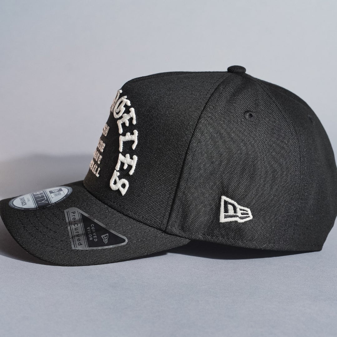 NEW ERA 9FIFTY A-FRAME BLACK LOS ANGELES DODGERS 1958 MLB SCRIPT SNAPBACK W/ FIRST WORLD SERIES SIDE PATCH