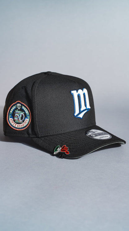 NEW ERA 9FIFTY A-FRAME BLACK MINNESOTA TWINS SNAPBACK W/ 50TH ANNIVERSARY SIDE PATCH