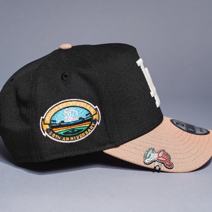 NEW ERA 9FIFTY A-FRAME BLACK/KHAKI LOS ANGELES DODGERS SNAPBACK W/ PINK HEART + 50TH ANNIVERSARY SIDE PATCH