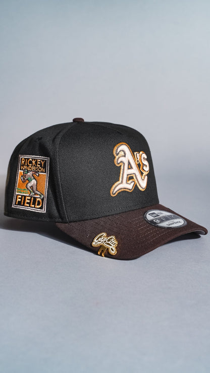 NEW ERA 9FIFTY A-FRAME BLACK/BROWN OAKLAND ATHLETICS SNAPBACK W/ RICKEY HENDERSON SIDE PATCH