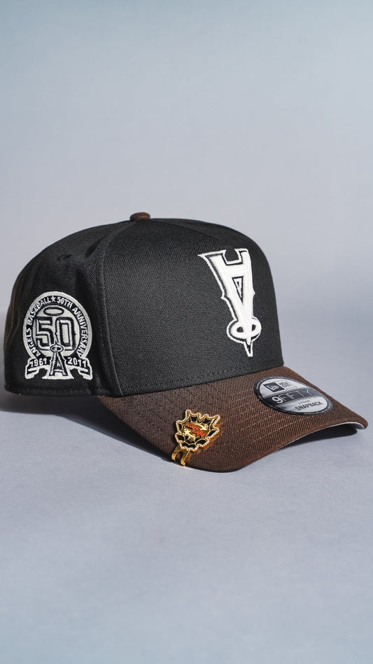NEW ERA 9FIFTY A-FRAME BLACK/BROWN UPSIDE DOWN ANAHEIM ANGELS SNAPBACK W/ 50TH ANNIVERSARY SIDE PATCH