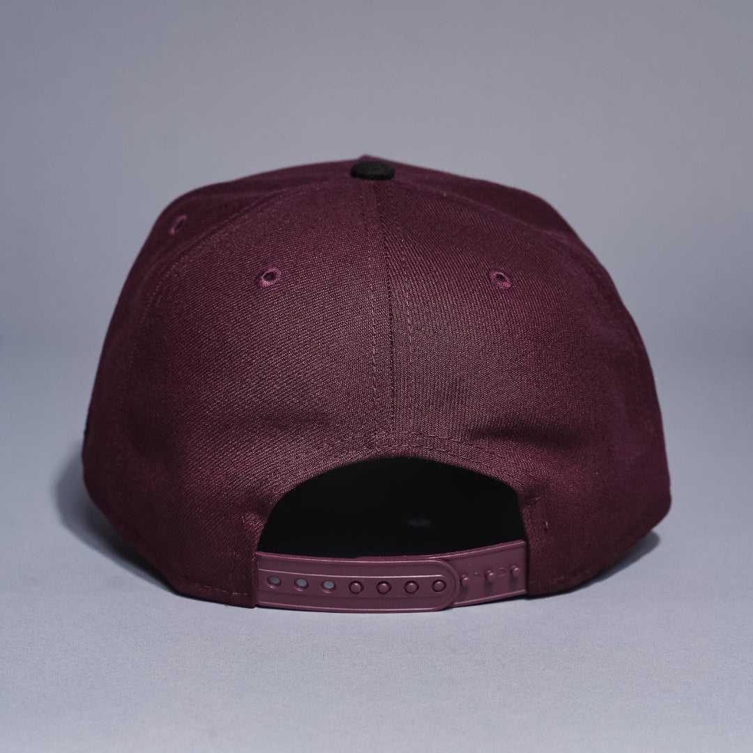 NEW ERA 9FIFTY A-FRAME BURGUNDY/BLACK TEXAS RANGERS SNAPBACK W/ 40TH ANNIVERSARY SIDE PATCH