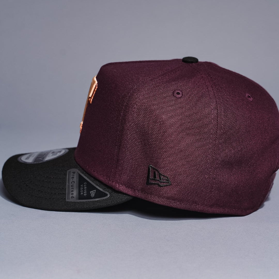 NEW ERA 9FIFTY A-FRAME BURGUNDY/BLACK TEXAS RANGERS SNAPBACK W/ 40TH ANNIVERSARY SIDE PATCH