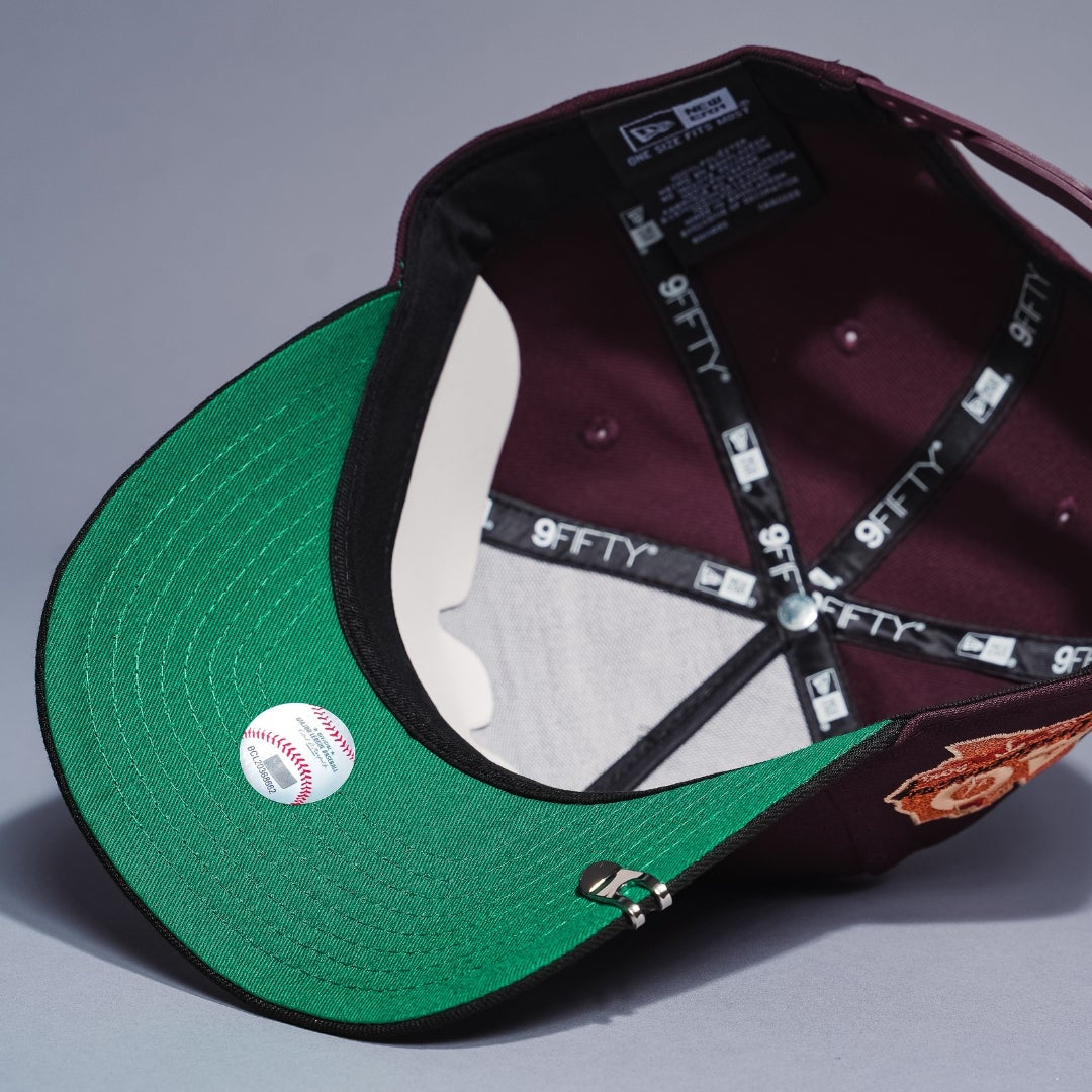 NEW ERA 9FIFTY A-FRAME BURGUNDY/BLACK TEXAS RANGERS SNAPBACK W/ 40TH ANNIVERSARY SIDE PATCH