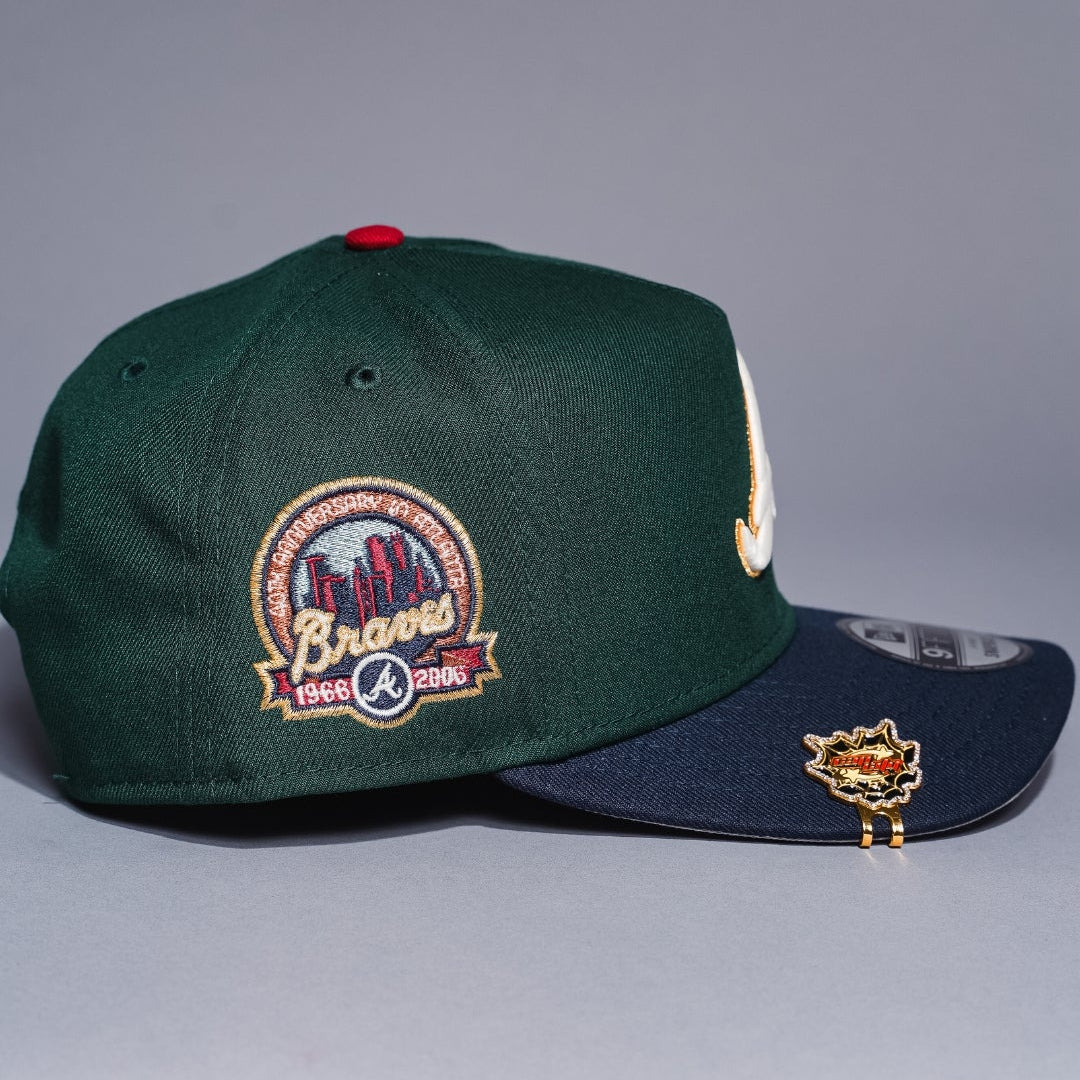 NEW ERA 9FIFTY A-FRAME FOREST GREEN/NAVY ATLANTA BRAVES SNAPBACK W/ ANNIVERSARY SIDE PATCH