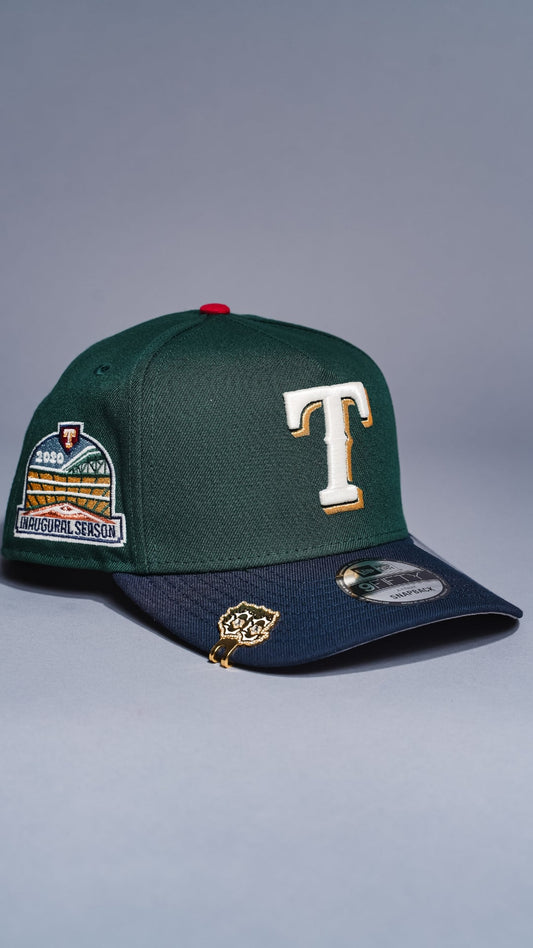 NEW ERA 9FIFTY A-FRAME FOREST GREEN/NAVY TEXAS RANGERS SNAPBACK W/ 2020 INAUGURAL SEASON SIDE PATCH