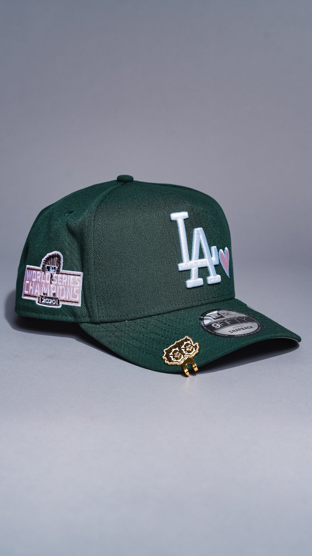 NEW ERA 9FIFTY A-FRAME FOREST GREEN LOS ANGELES DODGERS SNAPBACK W/ HEART + WORLD SERIES CHAMPIONS SIDE PATCH