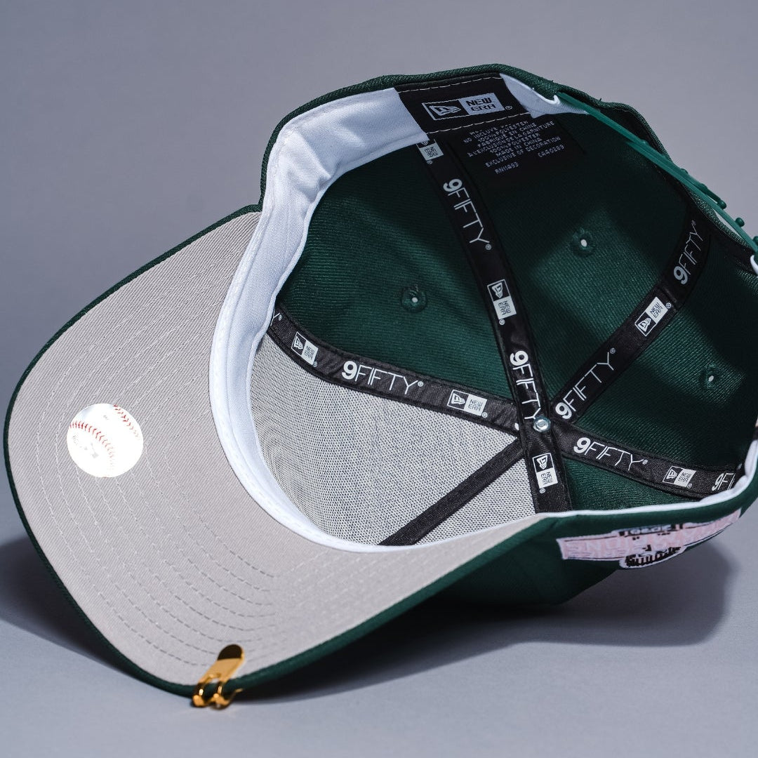 NEW ERA 9FIFTY A-FRAME FOREST GREEN LOS ANGELES DODGERS SNAPBACK W/ HEART + WORLD SERIES CHAMPIONS SIDE PATCH