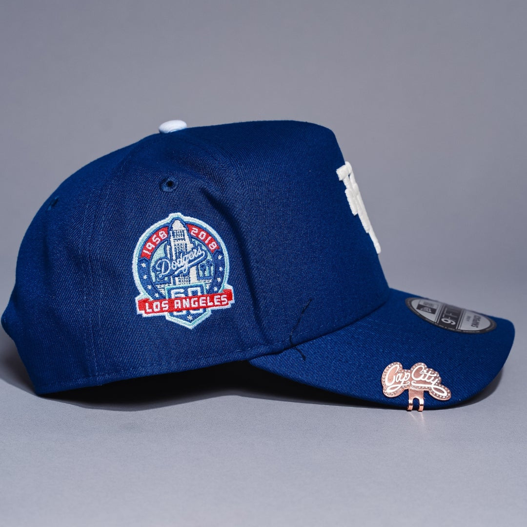 NEW ERA 9FIFTY A-FRAME BLUE UPSIDE DOWN LOS ANGELES DODGERS SNAPBACK W/ 60TH ANNIVERSARY SIDE PATCH