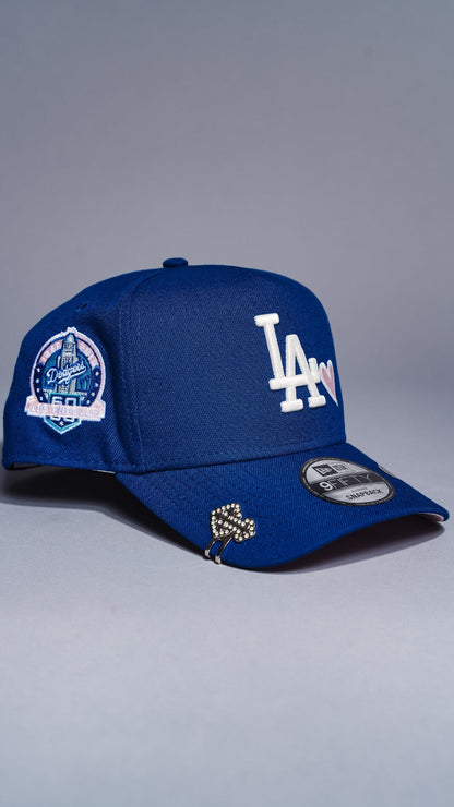 NEW ERA 9FIFTY A-FRAME BLUE LOS ANGELES DODGERS SNAPBACK W/ HEART + 60TH ANNIVERSARY SIDE PATCH