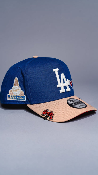 NEW ERA 9FIFTY A-FRAME DARK BLUE/BEIGE LOS ANGELES DODGERS W/ HEART + FIRST WORLD SERIES SIDE PATCH