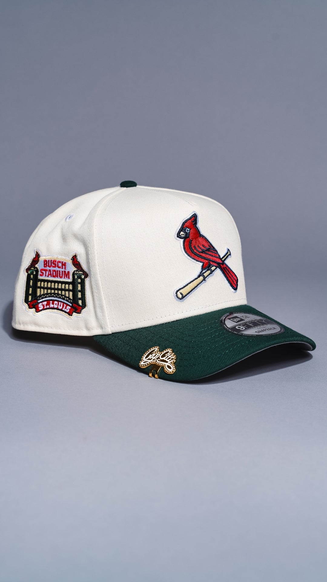 NEW ERA 9FIFTY A-FRAME CHROME/FOREST GREEN ST LOUIS CARDINALS SNAPBACK W/ BUSCH STADIUM SIDE PATCH