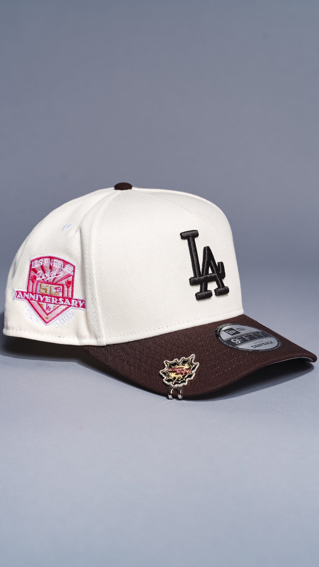NEW ERA 9FIFTY A-FRAME CHROME/BROWN LOS ANGELES DODGERS W/ 50TH ANNIVERSARY SIDE PATCH