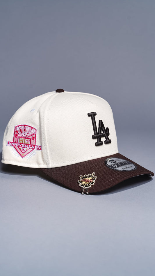 NEW ERA 9FIFTY A-FRAME CHROME/BROWN LOS ANGELES DODGERS W/ 50TH ANNIVERSARY SIDE PATCH