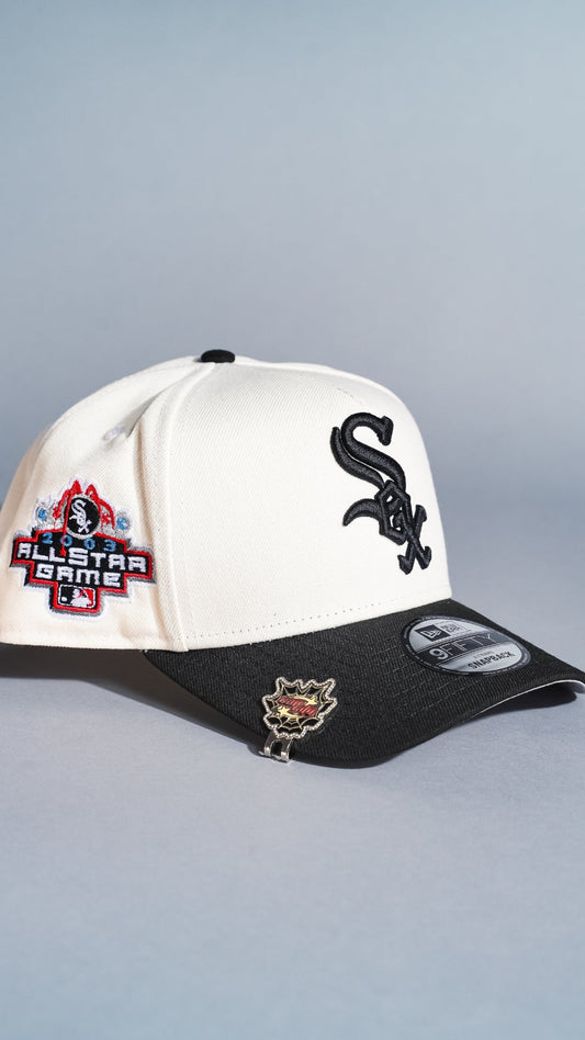 NEW ERA 9FIFTY A-FRAME CHROME/BLACK CHICAGO WHITE SOX SNAPBACK W/ 2003 ALL STAR GAME SIDE PATCH