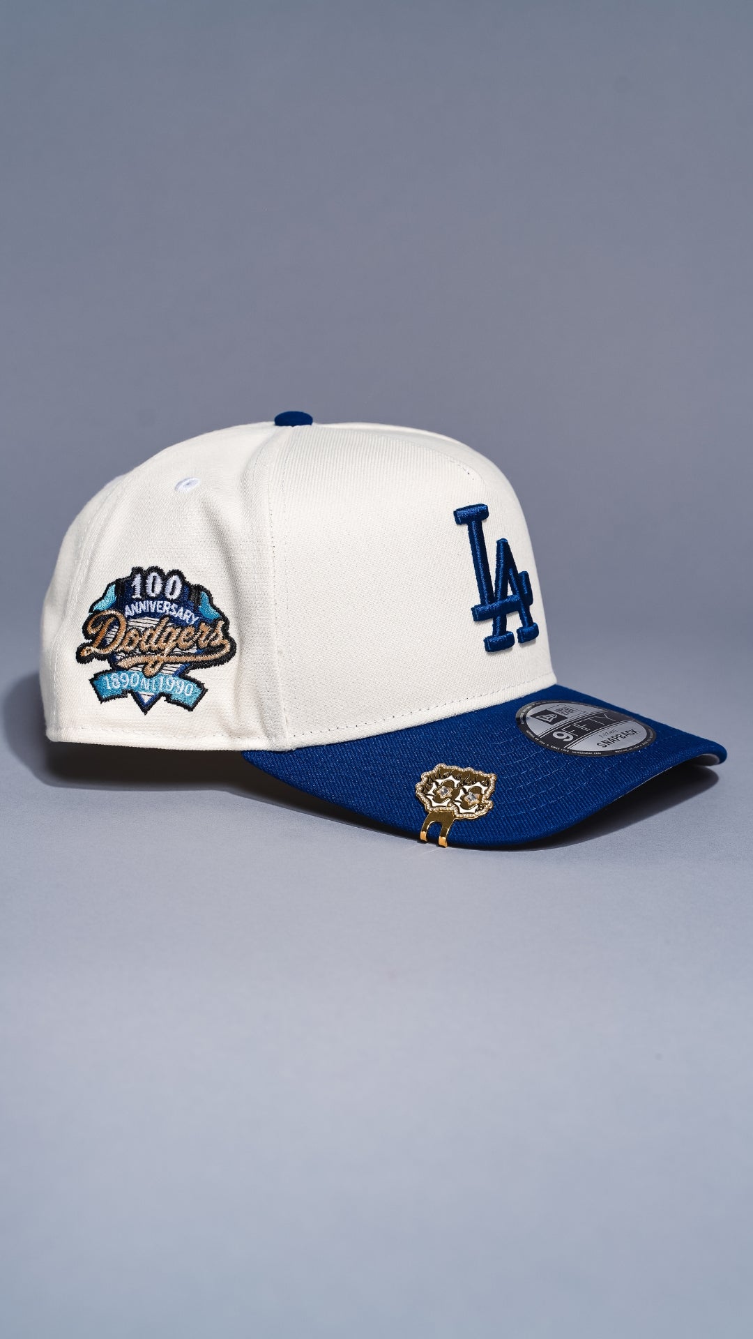 NEW ERA 9FIFTY A-FRAME CHROME/BLUE LOS ANGELES DODGERS W/ 100TH ANNIVERSARY SIDE PATCH