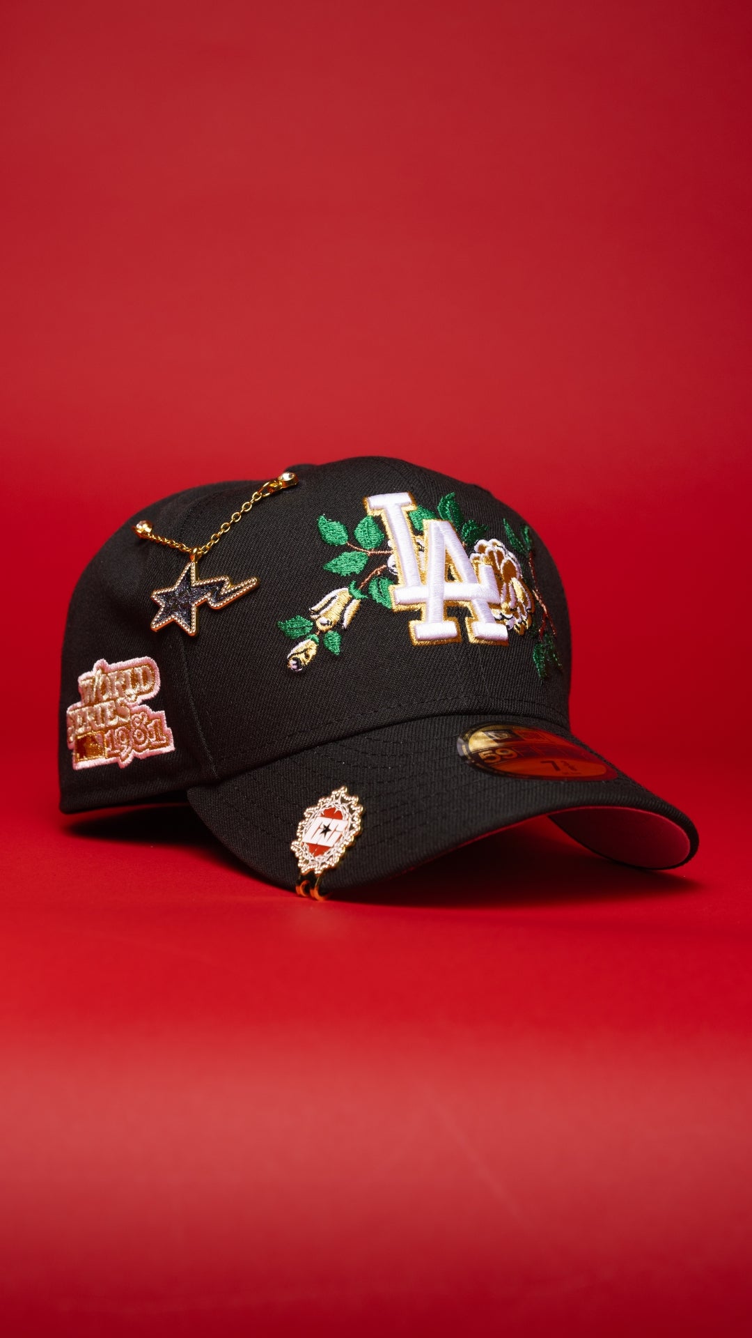 NEW ERA EXCLUSIVE 59FIFTY BLACK LOS ANGELES DODGERS W/ GOLD ROSE + 1981 WORLD SERIES SIDE PATCH