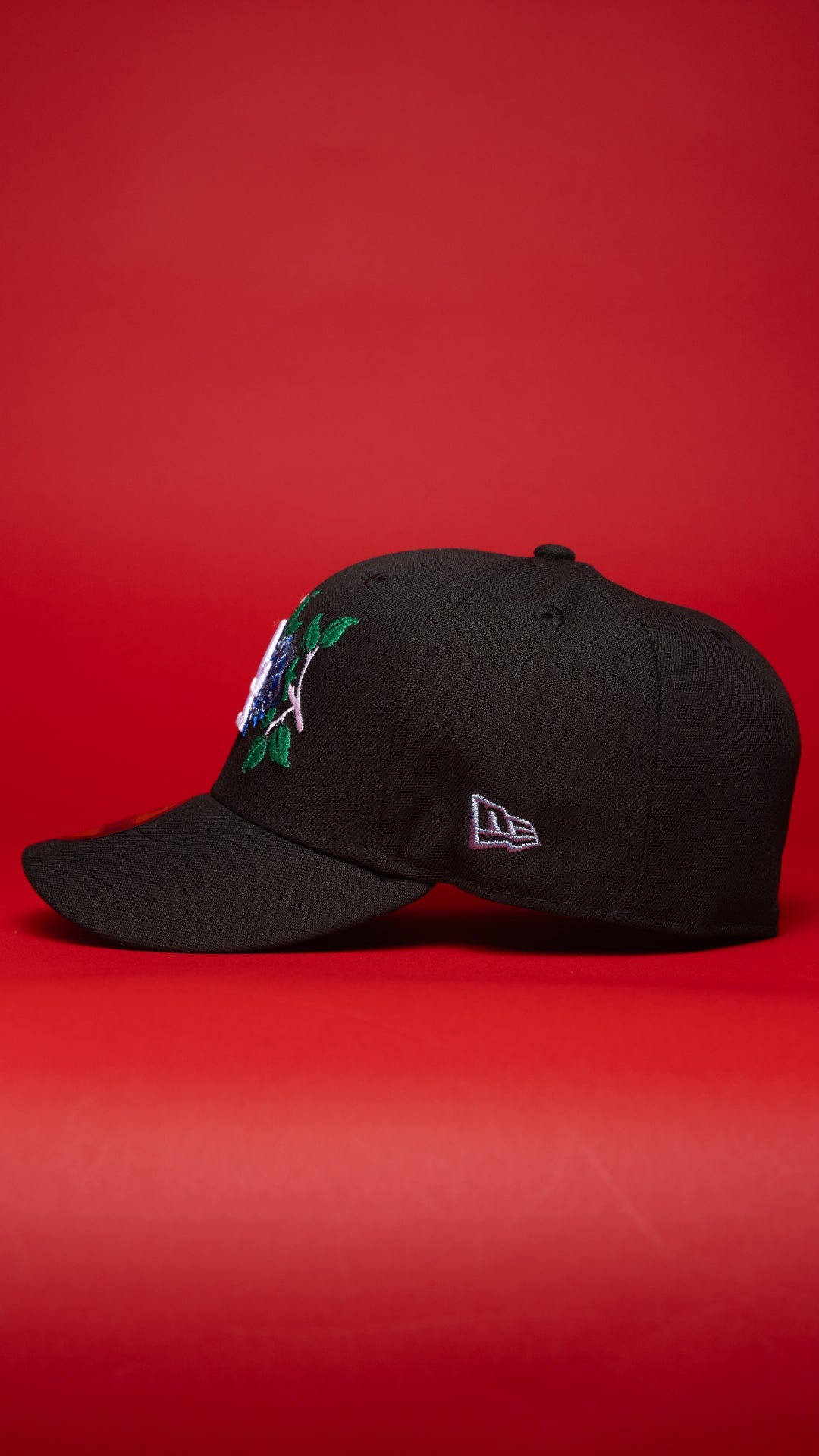 NEW ERA EXCLUSIVE 59FIFTY BLACK LOS ANGELES DODGERS W/ BLUE ROSE + DODGER STADIUM SIDE PATCH