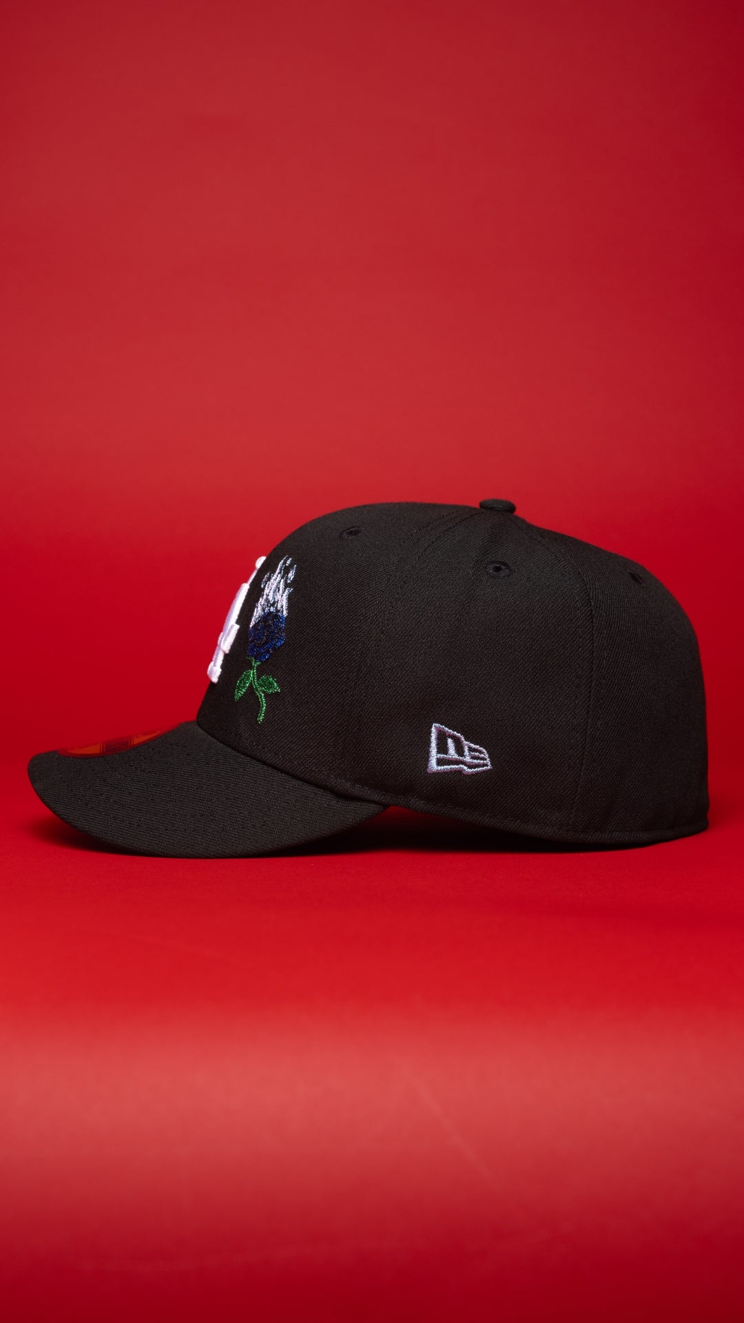 NEW ERA EXCLUSIVE 59FIFTY BLACK LOS ANGELES DODGERS W/ BURNT ROSES + DODGER STADIUM SIDE PATCH