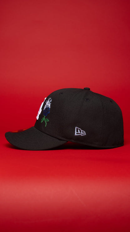 NEW ERA EXCLUSIVE 59FIFTY BLACK LOS ANGELES DODGERS W/ BURNT ROSES + DODGER STADIUM SIDE PATCH