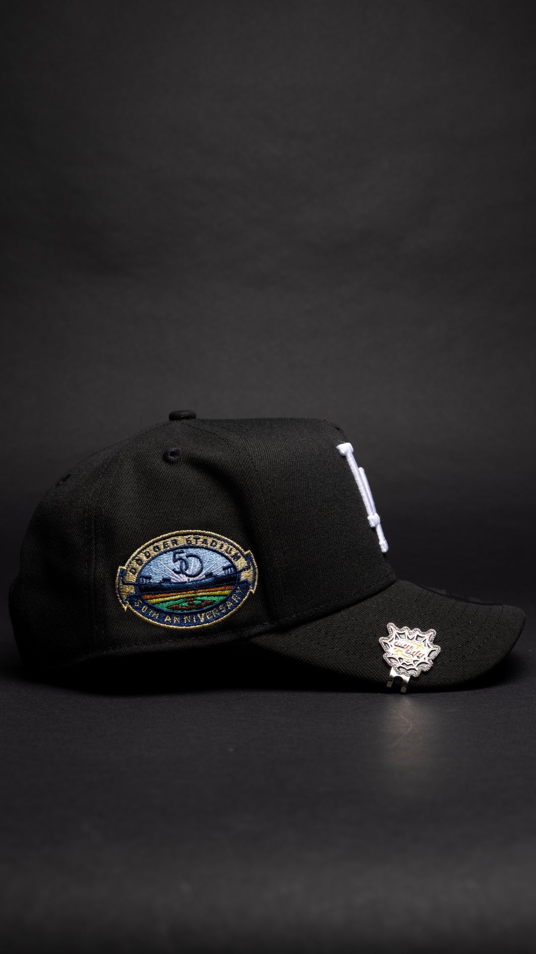 NEW ERA 9FIFTY A-FRAME BLACK LOS ANGELES DODGERS SNAPBACK W/ ICY HEART + 50TH ANNIVERSARY SIDE PATCH