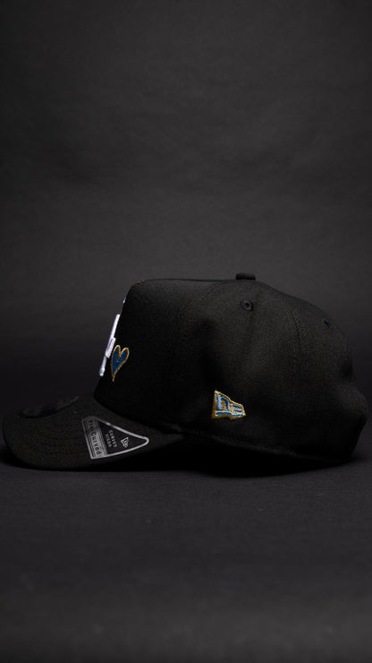 NEW ERA 9FIFTY A-FRAME BLACK LOS ANGELES DODGERS SNAPBACK W/ ICY HEART + 50TH ANNIVERSARY SIDE PATCH