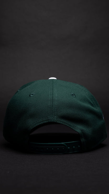 NEW ERA 9FIFTY A-FRAME FOREST GREEN LOS ANGELES DODGERS W/ PINK HEART + 50TH ANNIVERSARY SIDE PATCH
