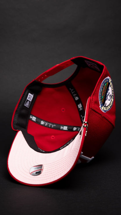 NEW ERA 9FIFTY A-FRAME RED LOS ANGELES DODGERS W/ PINK HEART + 50TH ANNIVERSARY SIDE PATCH