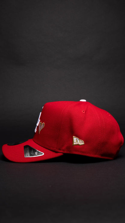NEW ERA 9FIFTY A-FRAME RED LOS ANGELES DODGERS W/ PINK HEART + 50TH ANNIVERSARY SIDE PATCH
