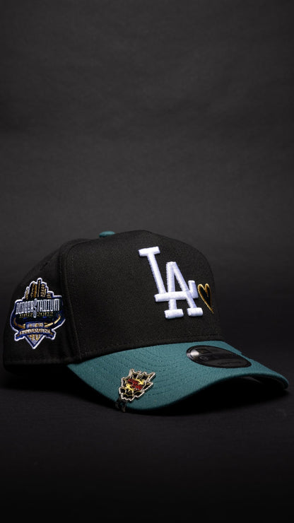 NEW ERA 9FIFTY A-FRAME BLACK/PINE GREEN LOS ANGELES DODGERS SNAPBACK W/ HEART + 40TH ANNIVERSARY SIDE PATCH