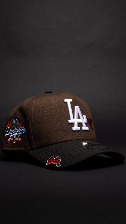 NEW ERA 9FIFTY A-FRAME BROWN/BLACK LOS ANGELES DODGERS W/ RED HEART + 100TH ANNIVERSARY SIDE PATCH