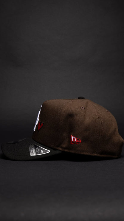 NEW ERA 9FIFTY A-FRAME BROWN/BLACK LOS ANGELES DODGERS W/ RED HEART + 100TH ANNIVERSARY SIDE PATCH