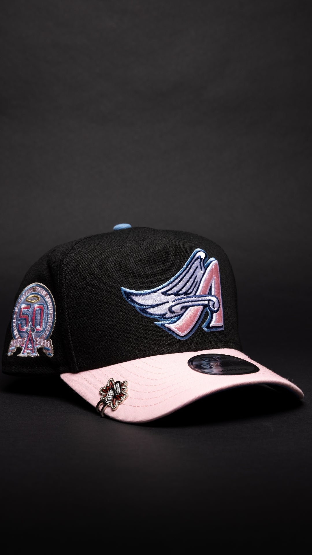 NEW ERA 9FIFTY A-FRAME BLACK/PINK ANAHEIM ANGELS W/ 50TH ANNIVERSARY SIDE PATCH