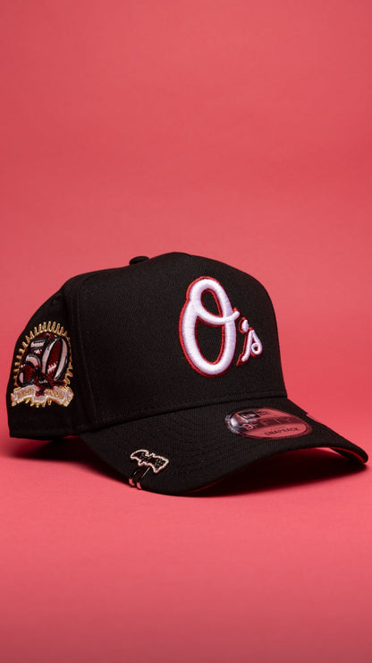 NEW ERA 9FIFTY A-FRAME BLACK BALTIMORE ORIOLES SNAPBACK W/ 50TH ANNIVERSARY SIDE PATCH