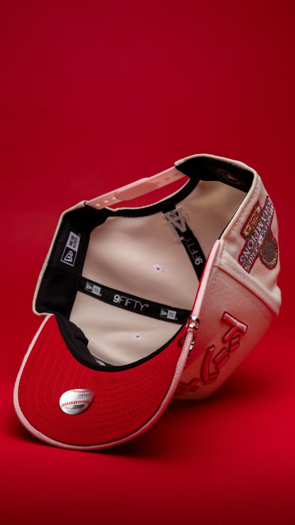 NEW ERA 9FIFTY A-FRAME CHROME/PINK LOS ANGELES DODGERS JAPANESE SCRIPT W/ WORLD SERIES CHAMPIONS SIDE PATCH