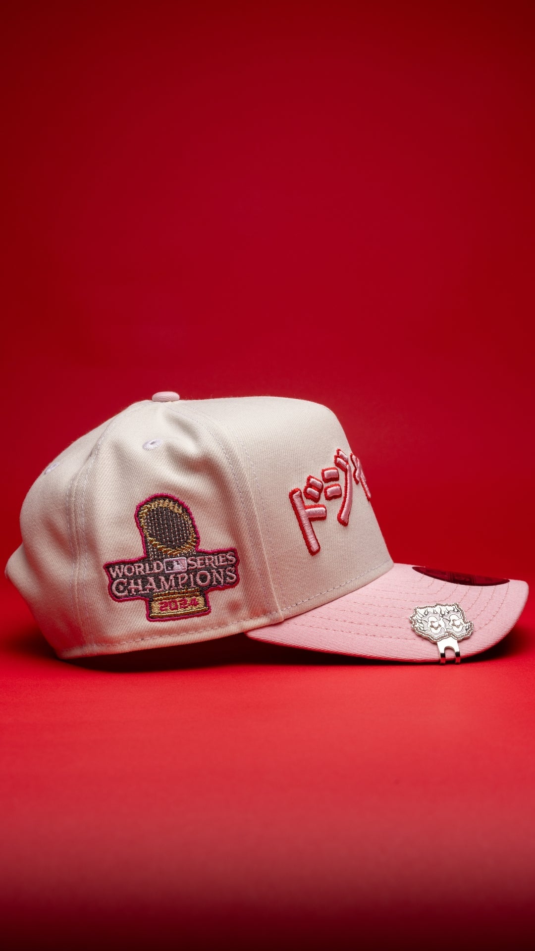 NEW ERA 9FIFTY A-FRAME CHROME/PINK LOS ANGELES DODGERS JAPANESE SCRIPT W/ WORLD SERIES CHAMPIONS SIDE PATCH
