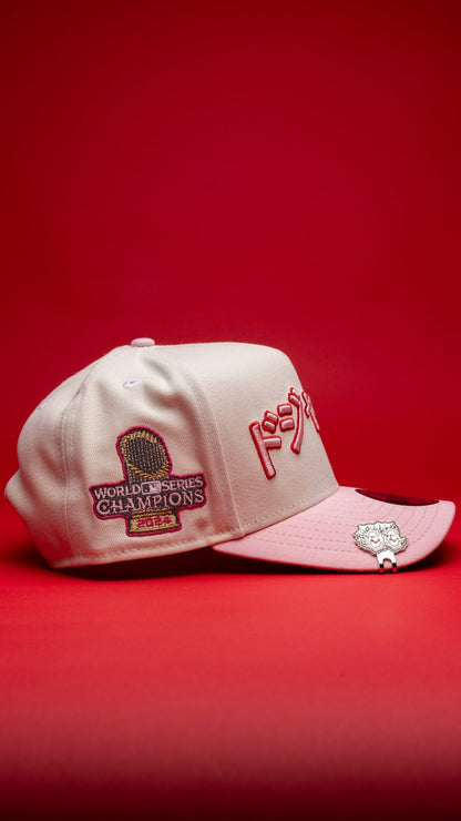 NEW ERA 9FIFTY A-FRAME CHROME/PINK LOS ANGELES DODGERS JAPANESE SCRIPT W/ WORLD SERIES CHAMPIONS SIDE PATCH